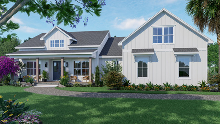 Rendering of a white house with dark roof