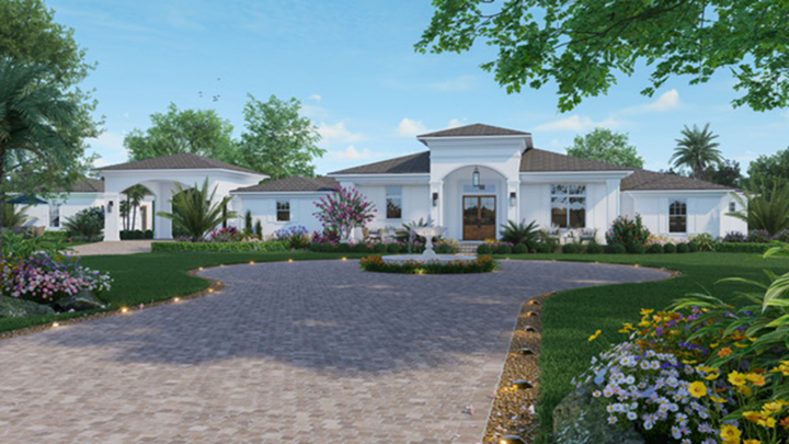 Rendering of a large white house with a brown roof